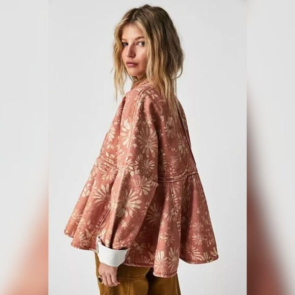 Free People Lua Bed Floral Denim Jacket - Size Medium, Apricot Combo, NWOT - Picture 3 of 8
